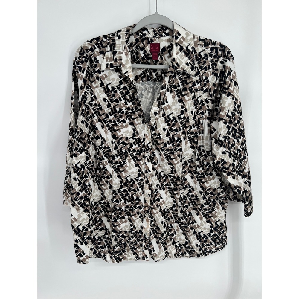 212 Collection Womens 1X Button Down Shirt Abstract Brush tip 3/4 Sleeve Stretch